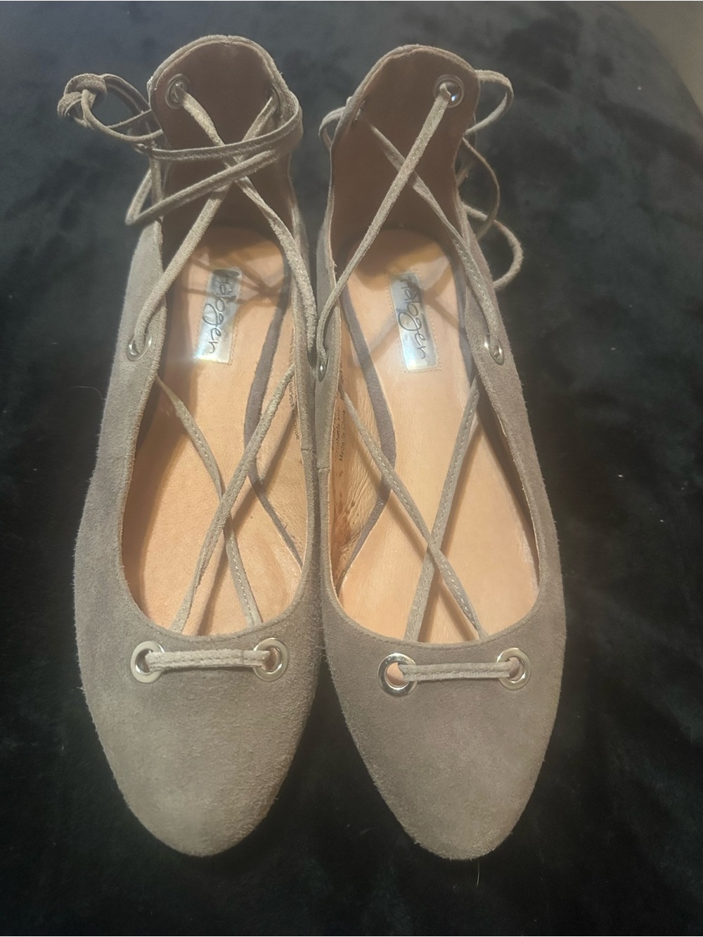 HALOGEN Lace-Up Suede Ballet Flats Taupe SILVER Accents Cushion Interior 7 1/2M